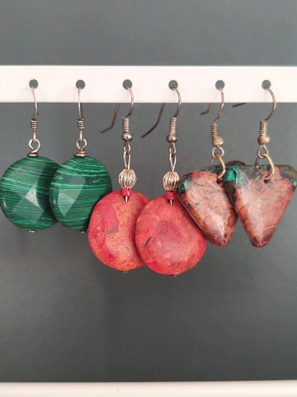 3 pairs of stone earrings-green and orange